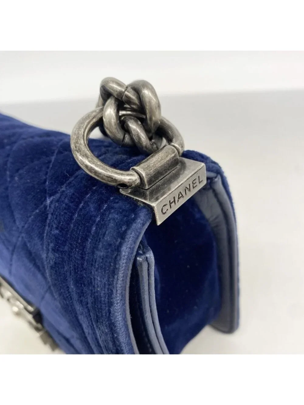 Chanel Shoulder Bag Boy Suede Navy Silver